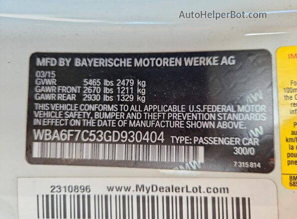 WBA6F7C53GD930404 2016 BMW 6 SERIES White Widok naklejki z numerem VIN