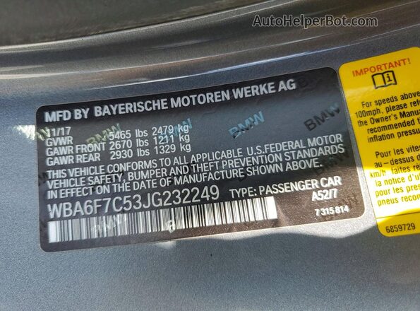 WBA6F7C53JG232249 2018 BMW OTHER Gray Widok komory silnika