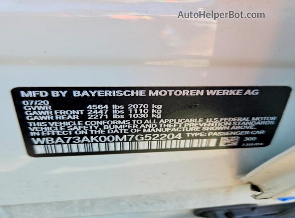 WBA73AK00M7G52204 2021 BMW 2 SERIES White Vista de la etiqueta del VIN