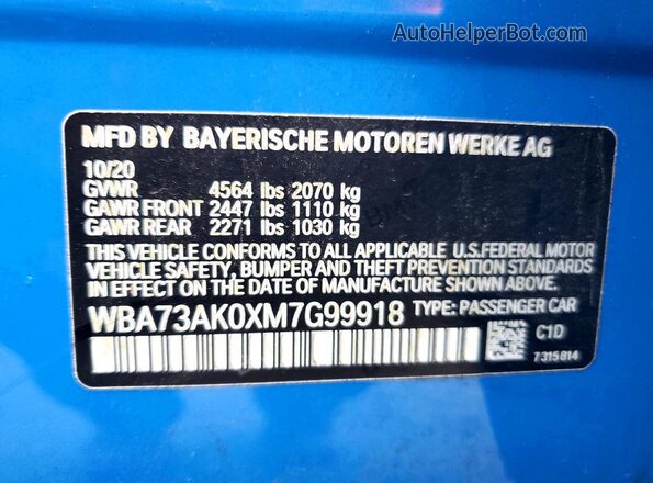 WBA73AK0XM7G99918 2021 BMW 2 SERIES Blue Widok komory silnika