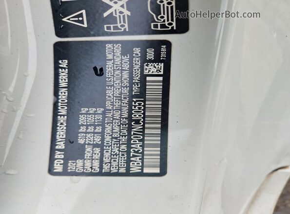 WBA73AP07NCJ80551 2022 BMW 4 SERIES White VIN sticker view