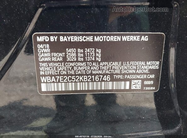 WBA7E2C52KB216746 2019 BMW 7 SERIES Black Вид підкапотного простору