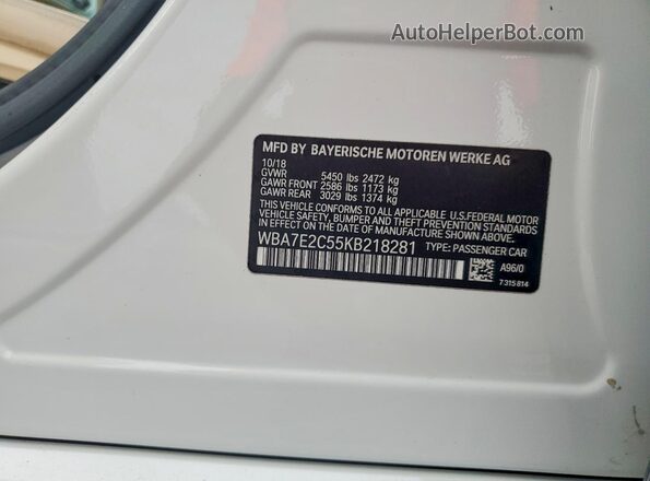 WBA7E2C55KB218281 2019 BMW 7 SERIES White Widok naklejki z numerem VIN