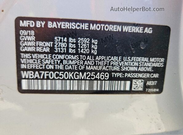 WBA7F0C50KGM25469 2019 BMW 7 SERIES Серебряный Вид наклейки с VIN-кодом