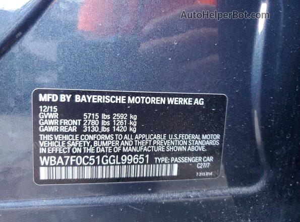 WBA7F0C51GGL99651 2016 BMW 7 SERIES Blue Engine compartment view