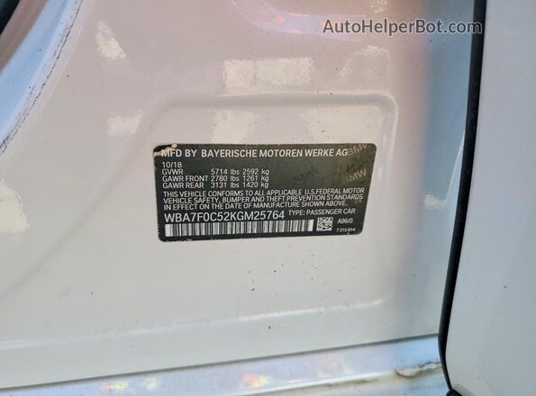 WBA7F0C52KGM25764 2019 BMW 7 SERIES White ძრავის განყოფილების ხედი
