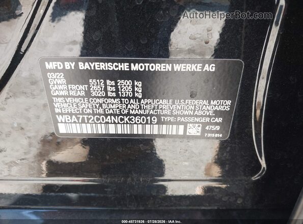 WBA7T2C04NCK36019 2022 BMW 7 SERIES Black Вид підкапотного простору