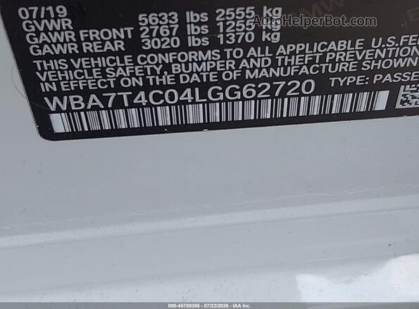 WBA7T4C04LGG62720 2020 BMW 7 SERIES White Вид підкапотного простору