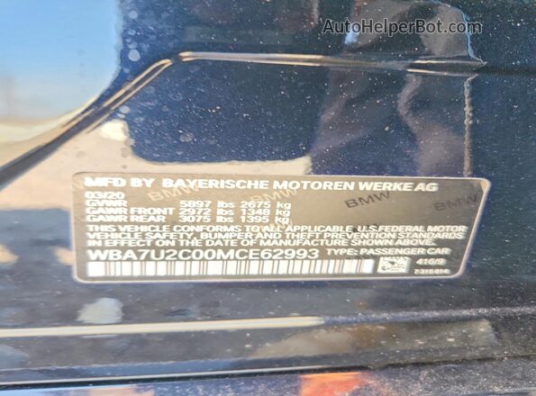 WBA7U2C00MCE62993 2021 BMW 7 SERIES Black VIN կոդի պիտակի տեսք