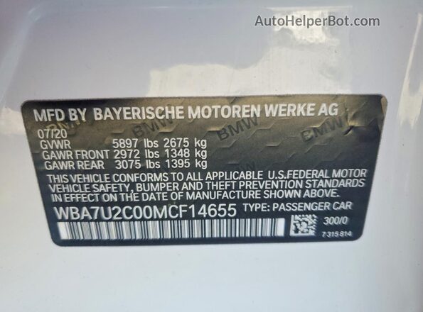 WBA7U2C00MCF14655 2021 BMW 7 SERIES White VIN sticker view