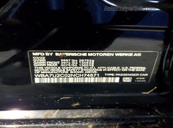 WBA7U2C02NCH74671 2022 BMW 7 SERIES Black Vista de la etiqueta del VIN
