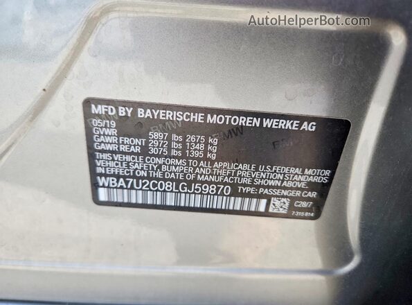 WBA7U2C08LGJ59870 2020 BMW 7 SERIES Silver Vista de la etiqueta del VIN