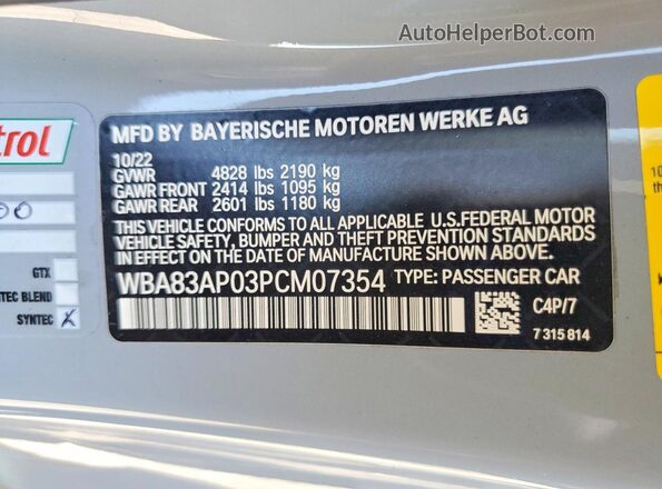 WBA83AP03PCM07354 2023 BMW M4 Серый Вид наклейки с VIN-кодом