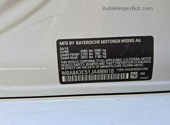 WBA8A3C51JA488618 2018 BMW 3 SERIES White Vista del compartimento del motor