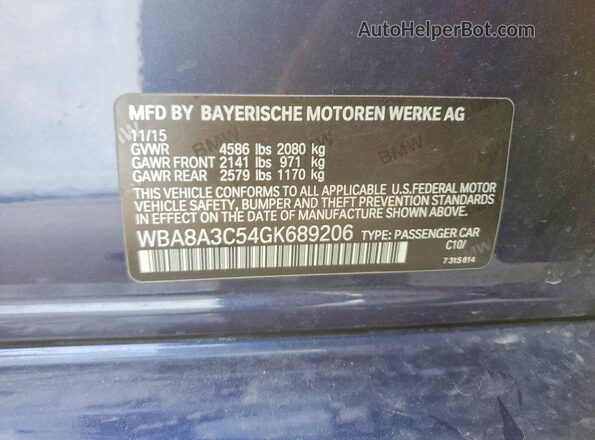 WBA8A3C54GK689206 2016 BMW 3 SERIES Blue Vista del compartimento del motor