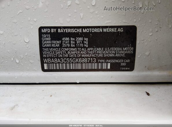 WBA8A3C55GK688713 2016 BMW 3 SERIES White Вид підкапотного простору