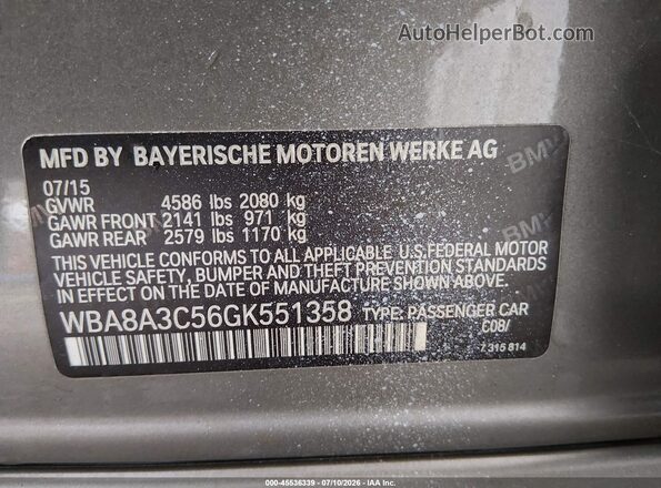 WBA8A3C56GK551358 2016 BMW 3 SERIES Gold Vista del compartimento del motor
