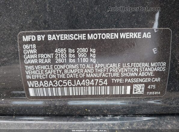 WBA8A3C56JA494754 2018 BMW 3 SERIES Black Engine compartment view
