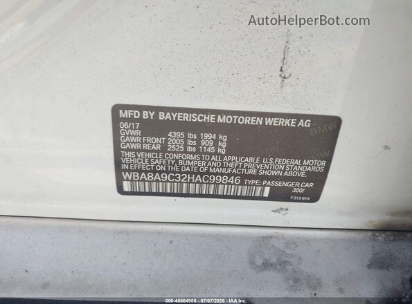 WBA8A9C32HAC99846 2017 BMW 3 SERIES White Vista del compartimento del motor