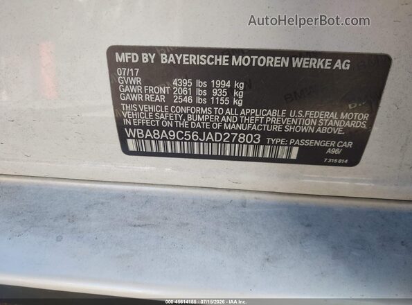 WBA8A9C56JAD27803 2018 BMW 3 SERIES White Շարժիչի բաժամունքի տեսք