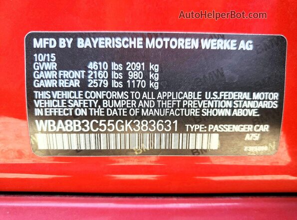 WBA8B3C55GK383631 2016 BMW 3 SERIES Red VIN կոդի պիտակի տեսք