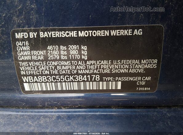 WBA8B3C55GK384178 2016 BMW 3 SERIES Blue Engine compartment view