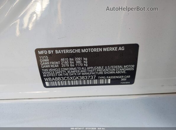WBA8B3C5XGK383737 2016 BMW 3 SERIES White Engine compartment view
