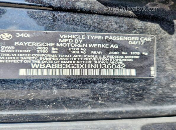 WBA8B3G3XHNU36042 2017 BMW 3 SERIES Black Engine compartment view