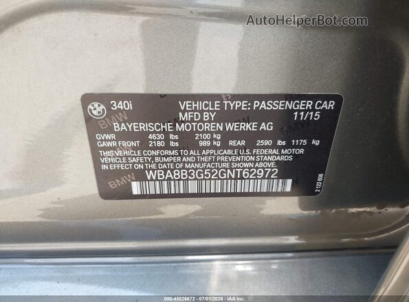 WBA8B3G52GNT62972 2016 BMW 3 SERIES Gold Вид підкапотного простору