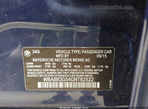 WBA8B3G54GNT62522 2016 BMW 3 SERIES Blue Engine compartment view