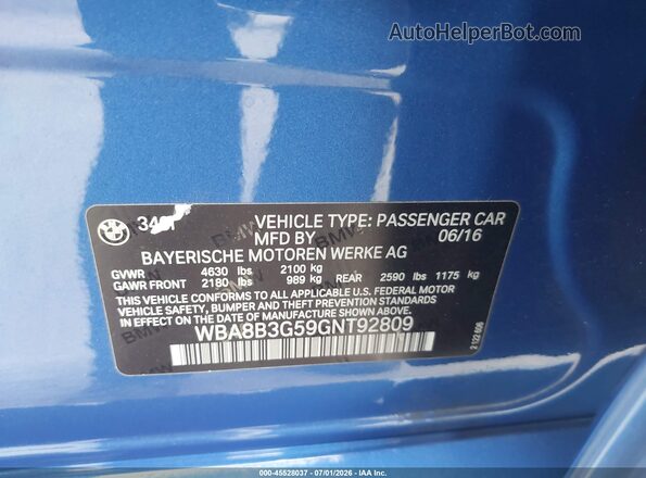 WBA8B3G59GNT92809 2016 BMW 3 SERIES Blue Widok komory silnika