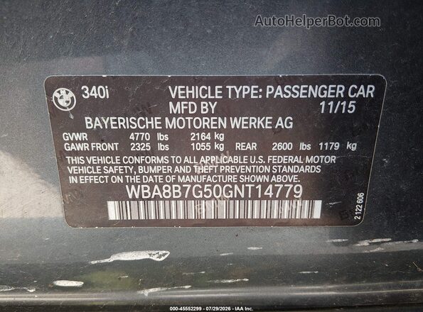 WBA8B7G50GNT14779 2016 BMW 3 SERIES Gray Շարժիչի բաժամունքի տեսք