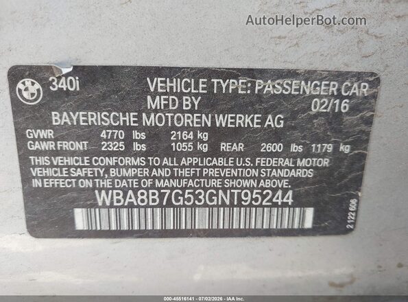 WBA8B7G53GNT95244 2016 BMW 3 SERIES Silver Vista del compartimento del motor