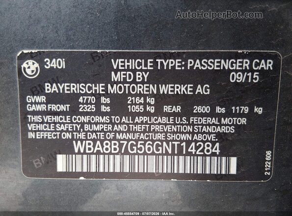 WBA8B7G56GNT14284 2016 BMW 3 SERIES Gray Widok komory silnika
