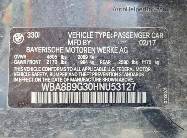 WBA8B9G30HNU53127 2017 BMW 3 SERIES Gray VIN sticker view