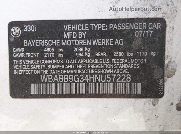 WBA8B9G34HNU57228 2017 BMW 3 SERIES White Engine compartment view