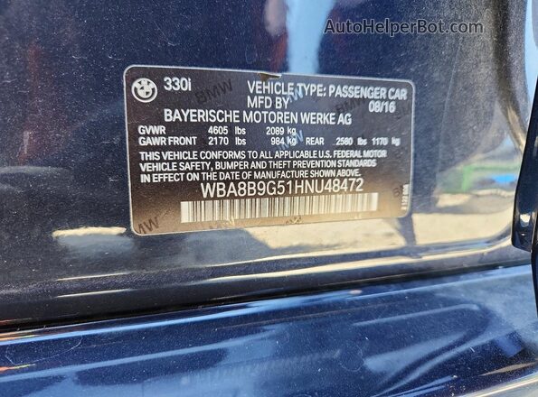 WBA8B9G51HNU48472 2017 BMW 3 SERIES Blue VIN կոդի պիտակի տեսք