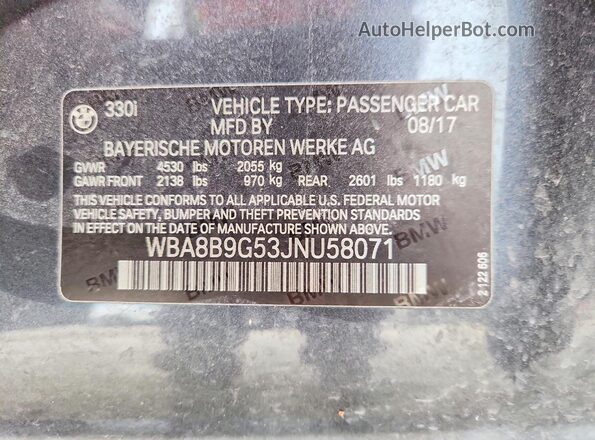 WBA8B9G53JNU58071 2018 BMW 3 SERIES Серый Вид подкапотного пространства