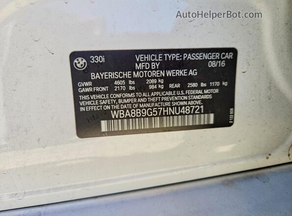 WBA8B9G57HNU48721 2017 BMW 3 SERIES White Widok komory silnika