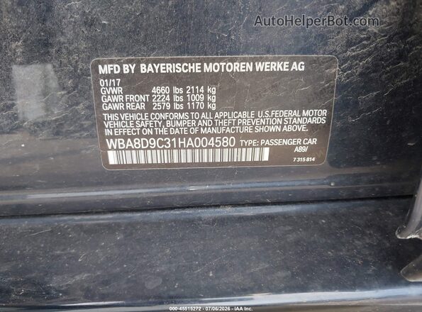 WBA8D9C31HA004580 2017 BMW 3 SERIES Blue Вид підкапотного простору