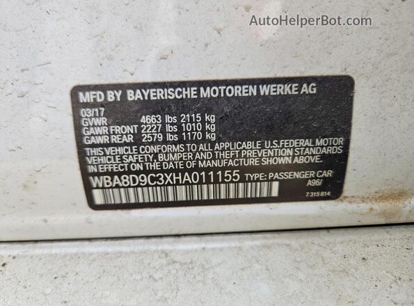 WBA8D9C3XHA011155 2017 BMW 3 SERIES White Շարժիչի բաժամունքի տեսք
