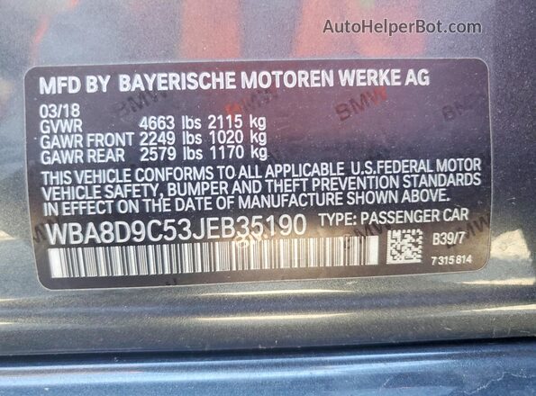 WBA8D9C53JEB35190 2018 BMW 3 SERIES Серый Вид подкапотного пространства