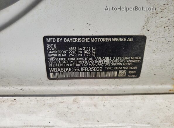WBA8D9C56JEB35832 2018 BMW 3 SERIES White VIN sticker view
