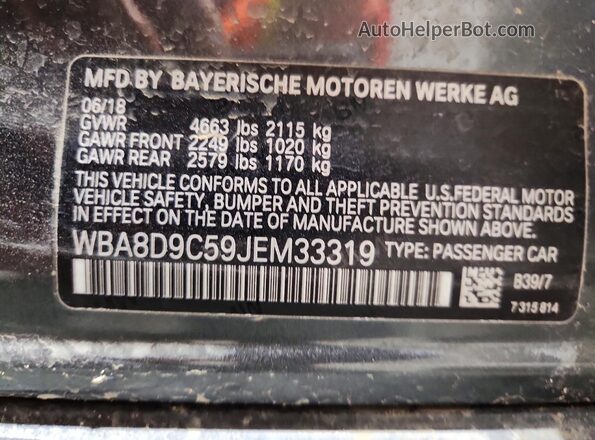 WBA8D9C59JEM33319 2018 BMW 3 SERIES Gray Вид наклейки з VIN-кодом