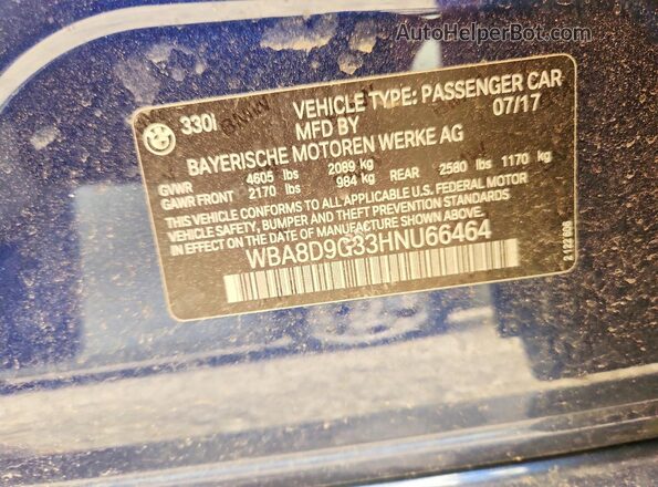 WBA8D9G33HNU66464 2017 BMW 3 SERIES Blue Vista del compartimento del motor