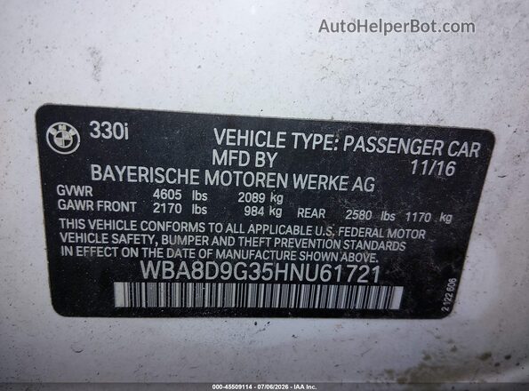 WBA8D9G35HNU61721 2017 BMW 3 SERIES White Vista del compartimento del motor