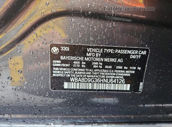 WBA8D9G36HNU64126 2017 BMW 3 SERIES Gray VIN sticker view