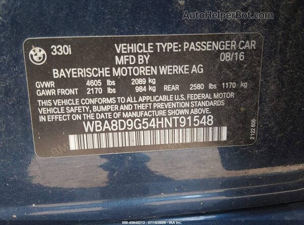 WBA8D9G54HNT91548 2017 BMW 3 SERIES Blue Widok komory silnika