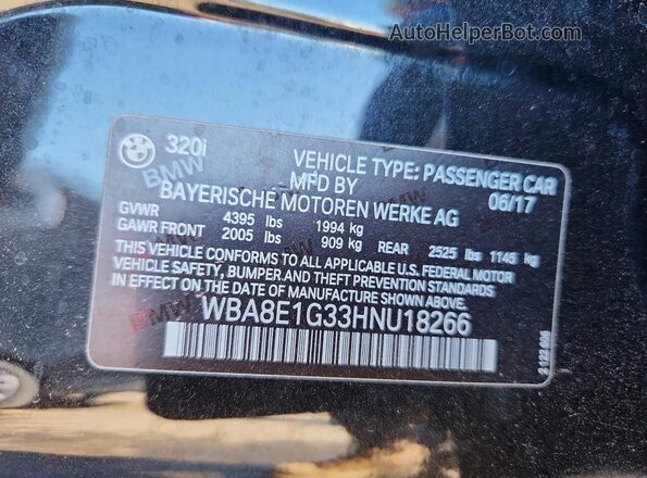WBA8E1G33HNU18266 2017 BMW 3 SERIES Black VIN კოდის სტიკერის ხედი