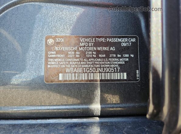 WBA8E1G50JNU90517 2018 BMW 3 SERIES Gray VIN კოდის სტიკერის ხედი